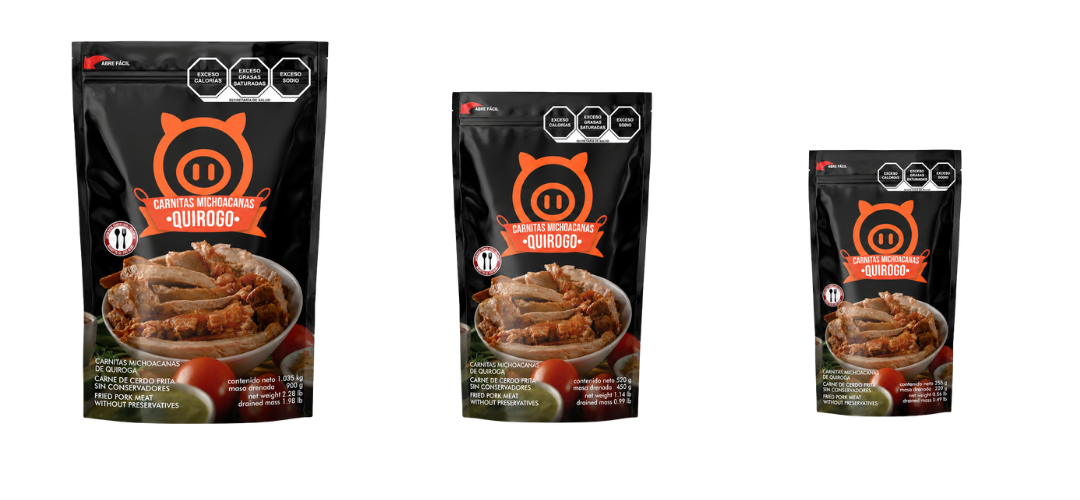 Tres presentaciones de carnitas Quirogo